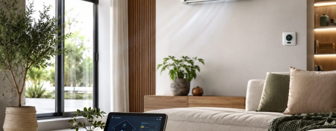 Soggiorno moderno con climatizzatore a parete e controllo da tablet