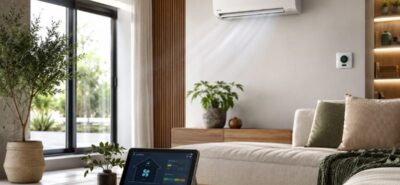 Soggiorno moderno con climatizzatore a parete e controllo da tablet