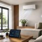 Soggiorno moderno con climatizzatore a parete e controllo da tablet